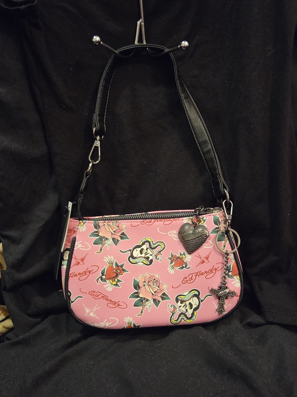 Ed Hardy Pink Tattoo-Print Mini Shoulder Bag with Charms